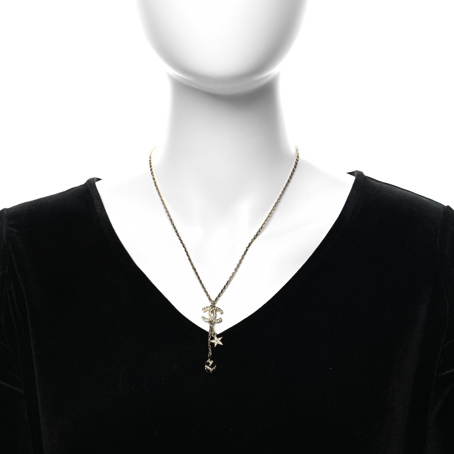 Chanel Crystal Star CC Drop Pendant Necklace Black Gold 2 of 5