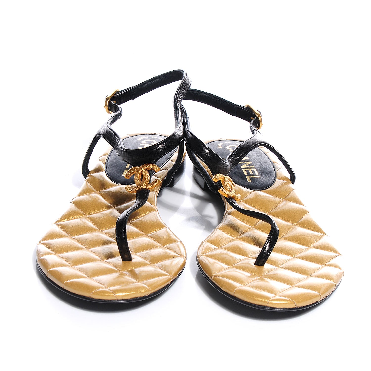 Chanel Leather Quilted CC Thong Sandals 37 Black Gold 2 of 7