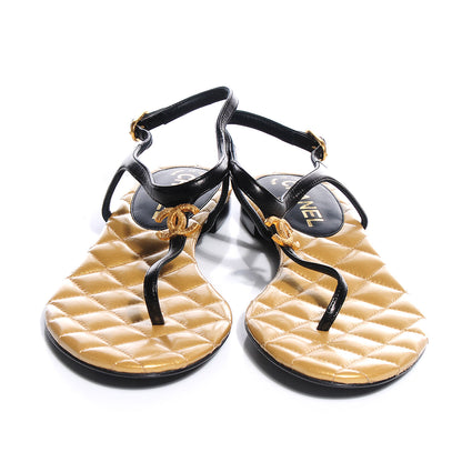 Chanel Leather Quilted CC Thong Sandals 37 Black Gold 2 of 7