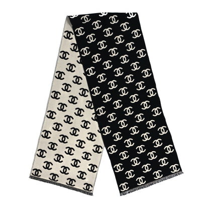 Chanel Wool Cashmere CC Scarf Black White 2 of 3