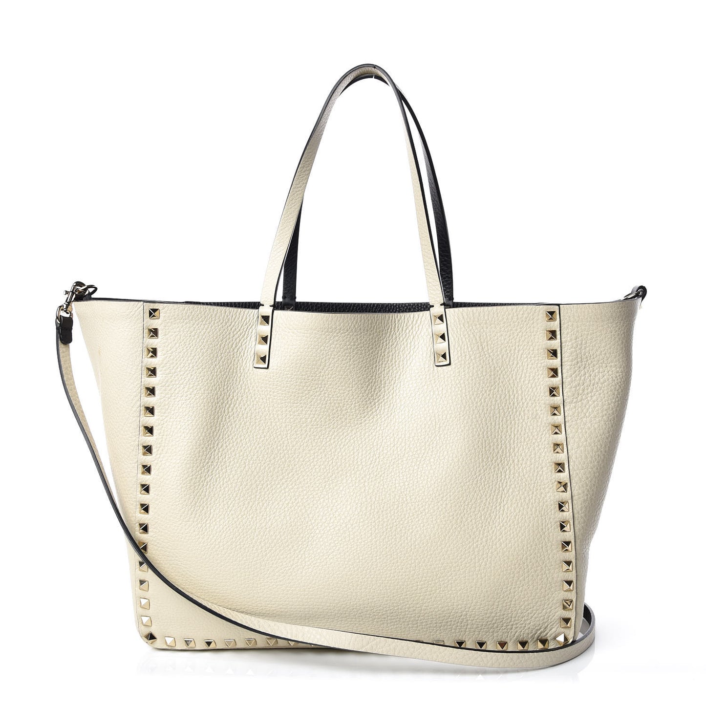 Grained Calfskin Medium Rockstud Reversible Tote Black Ivory