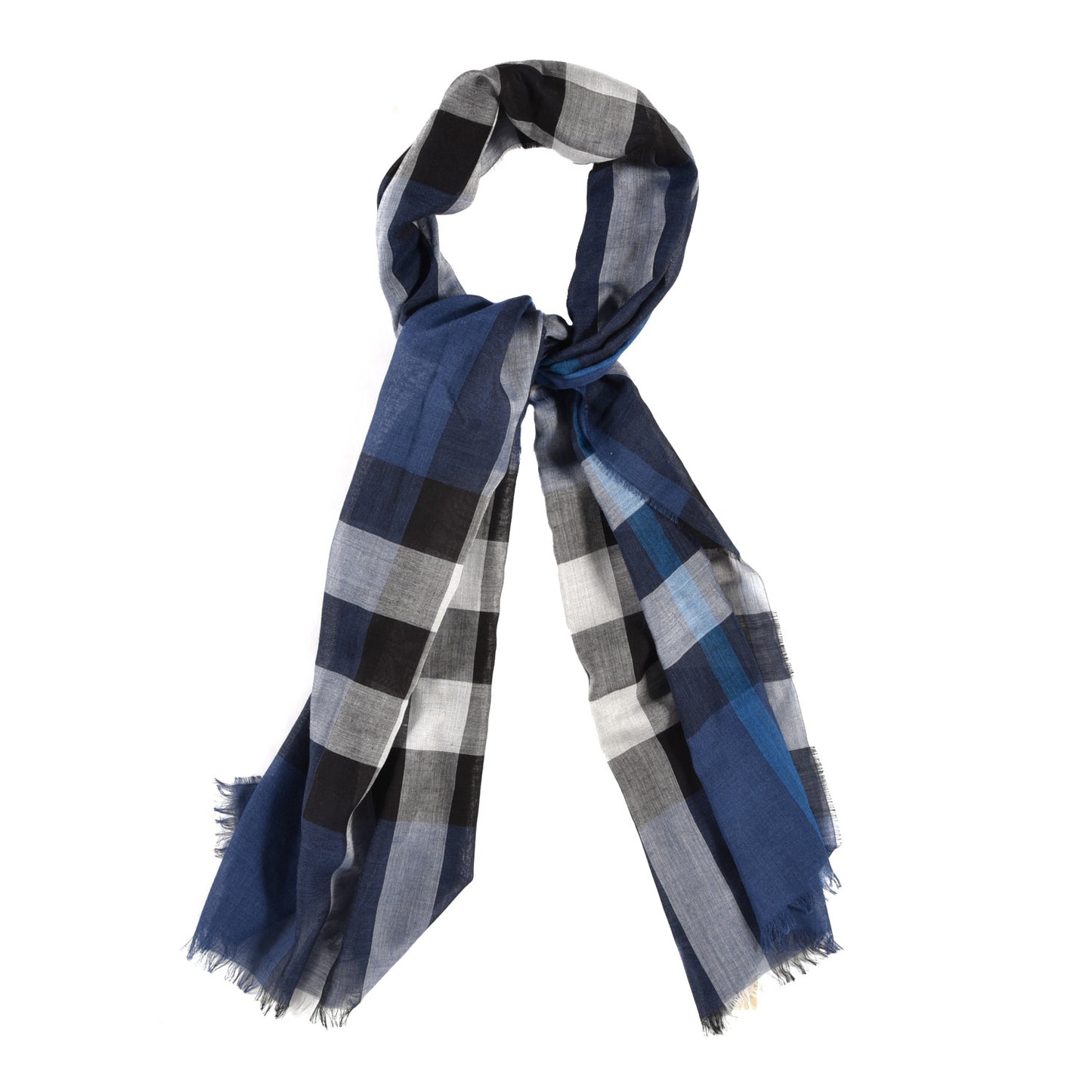 Wool Silk Gauze Ombre Giant Check Scarf Cadet Blue