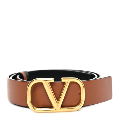 Valentino Garavani Glossy Calfskin VLogo Reversible 30mm Belt 85 34 Saddle Brown Black 1 of 5