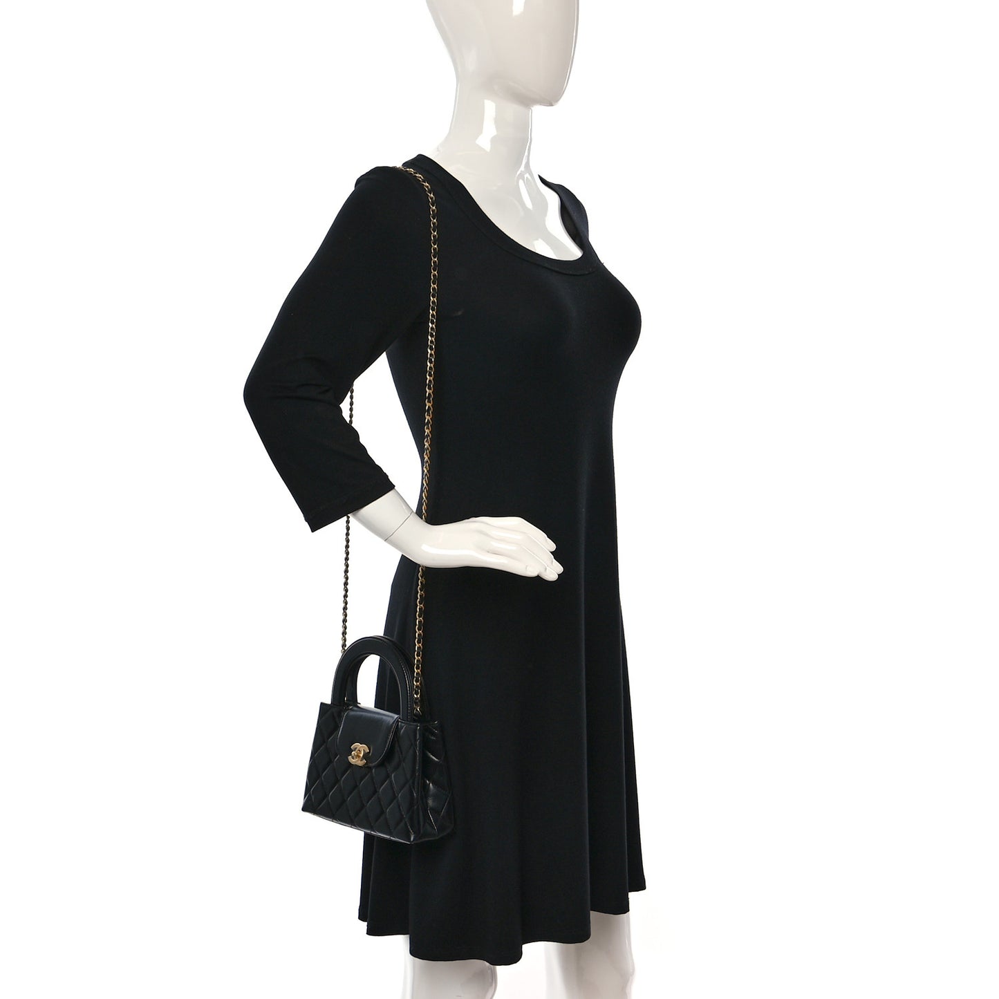 Shiny Aged Calfskin Quilted Nano Kelly Shopper Black