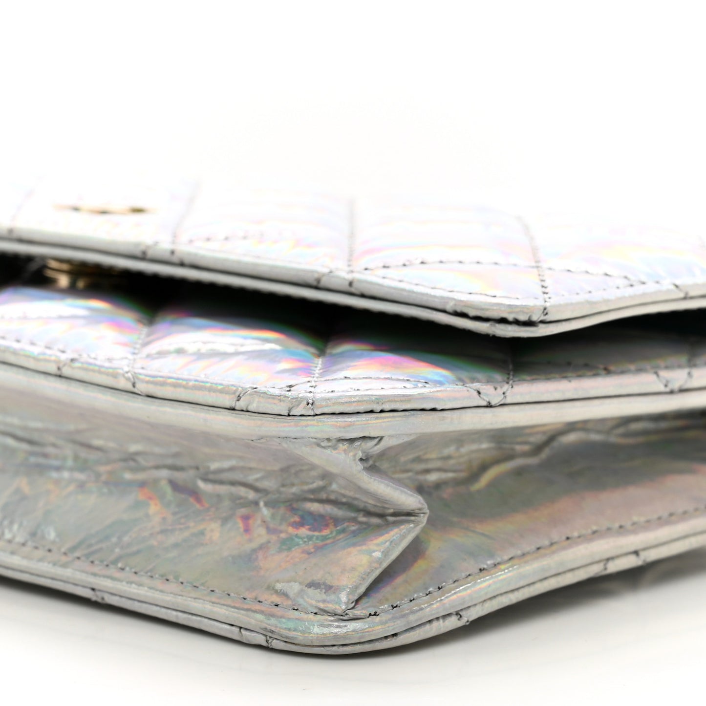Iridescent Goatskin Quilted Wallet On Chain WOC Silver