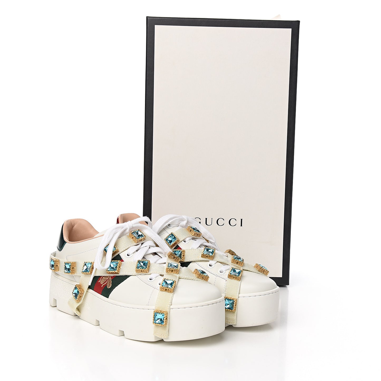 Calfskin Removable Crystals Bee Embroidered Ace Platform Sneakers 37 White
