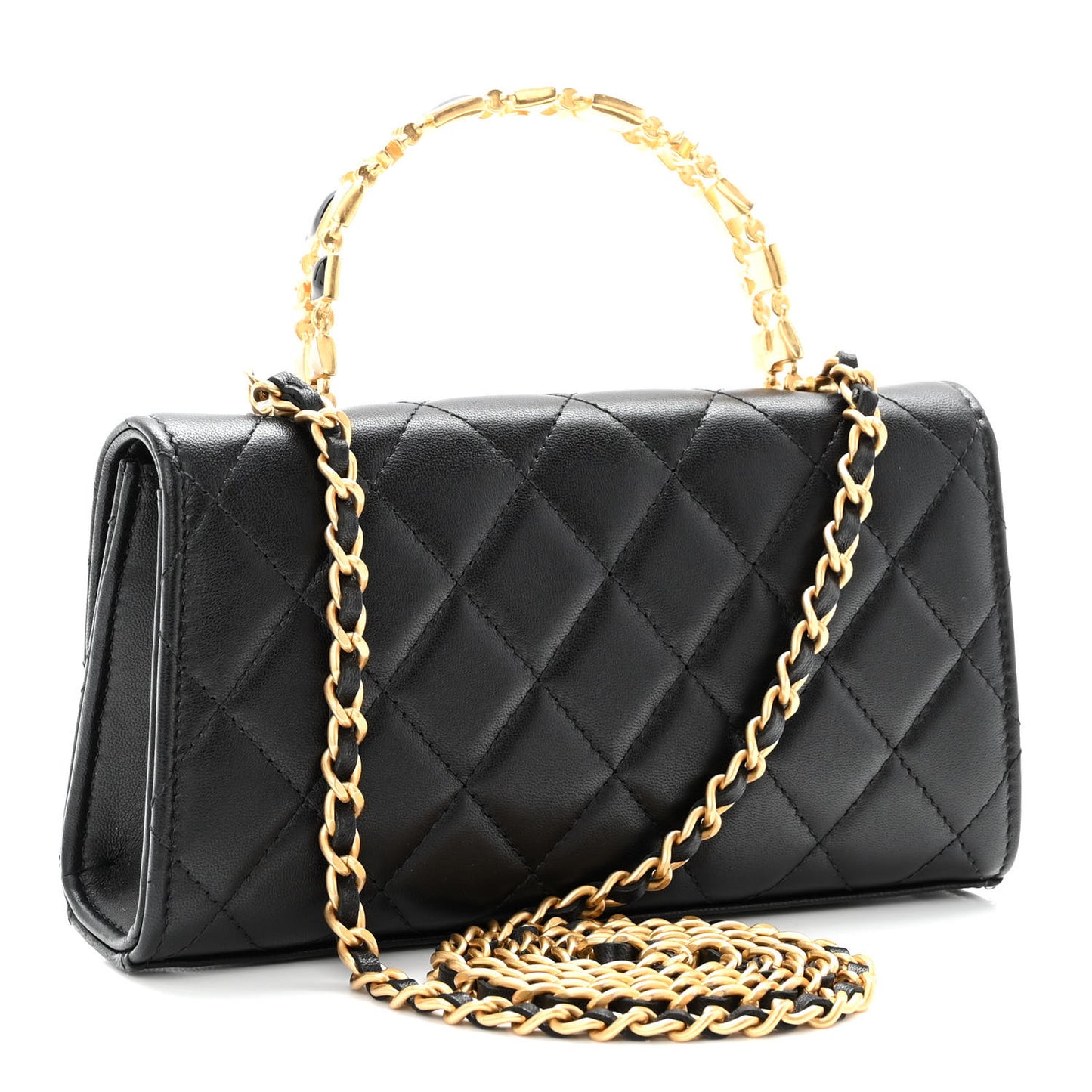 Lambskin Enamel Quilted Top Handle Flap Phone Holder With Chain Black
