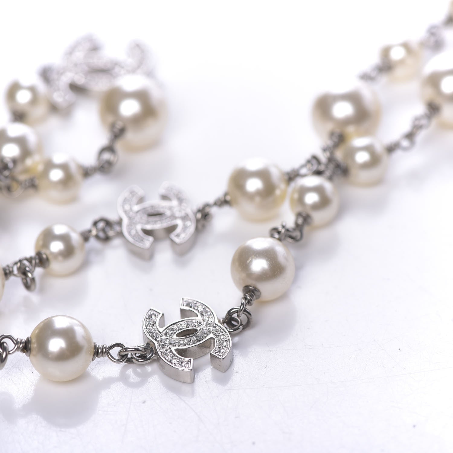 Chanel Graduated Pearl Crystal CC Long Necklace Silver 6 of 10