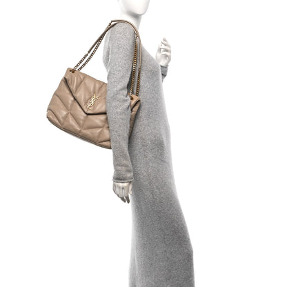 Saint Laurent Lambskin Quilted Medium Loulou Puffer Monogram Chain Satchel Dark Beige 2 of 10