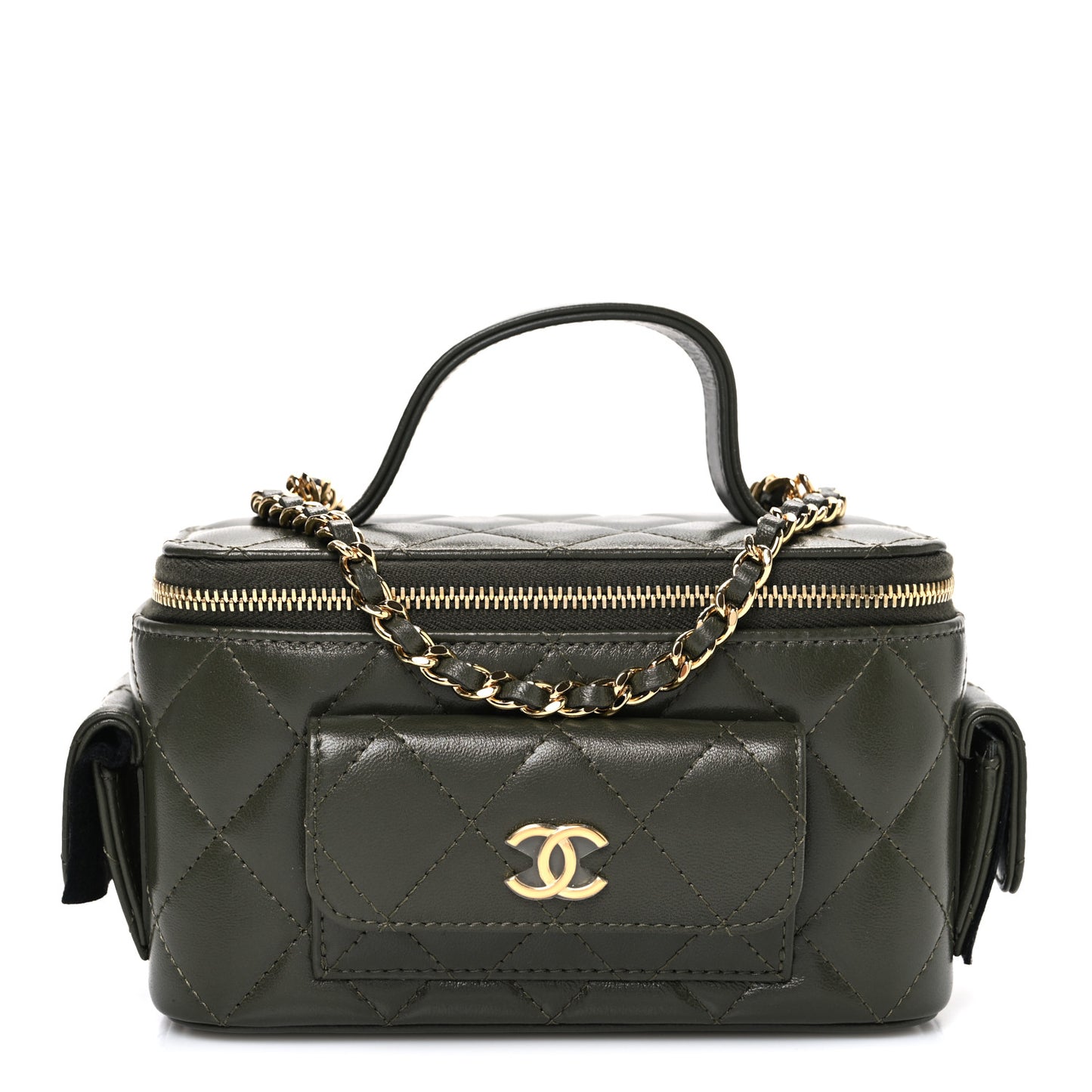 Lambskin Quilted Polly Pocket East West Top Vanity With Chain Khaki