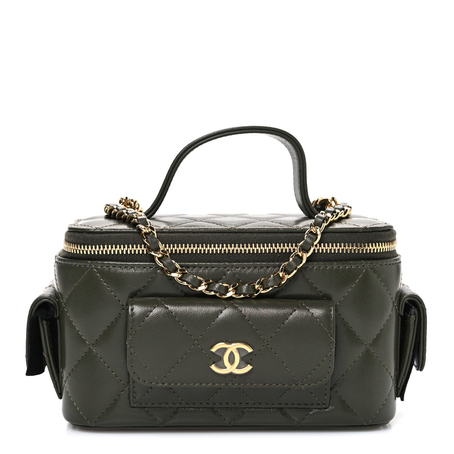 Chanel Lambskin Quilted Polly Pocket East West Top Vanity With Chain Khaki 1 of 10
