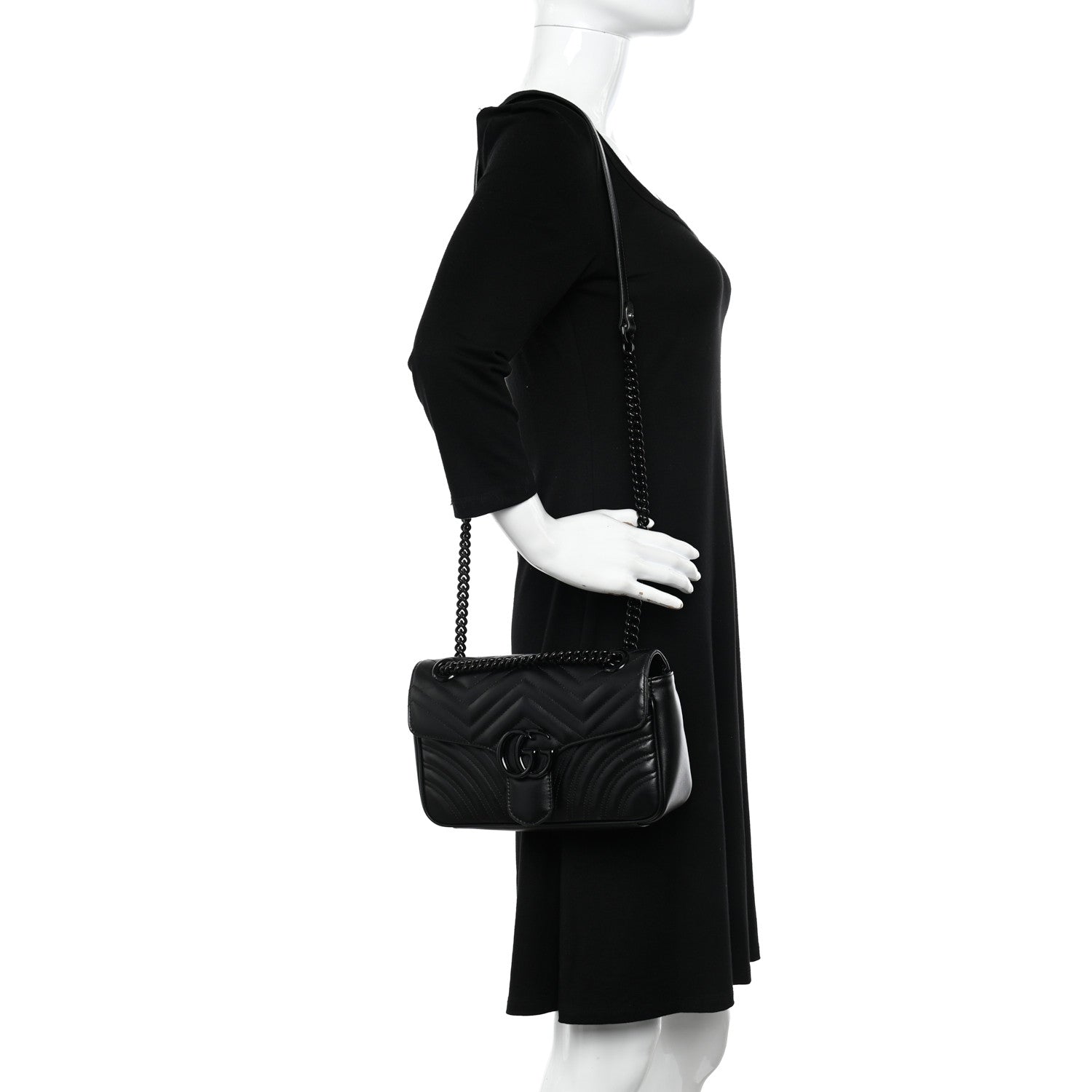 Gucci Calfskin Matelasse Monochrome Small GG Marmont Shoulder Bag Black 3 of 9