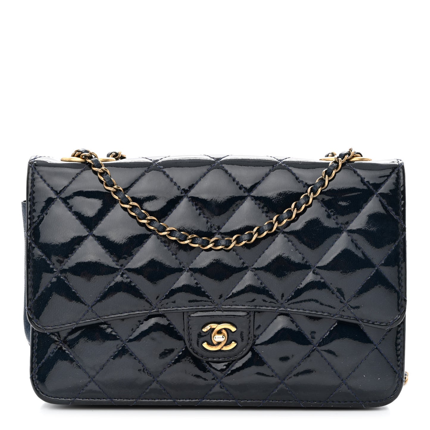 Patent Goatskin Quilted CC Eyelet Wallet On Chain WOC Blue
