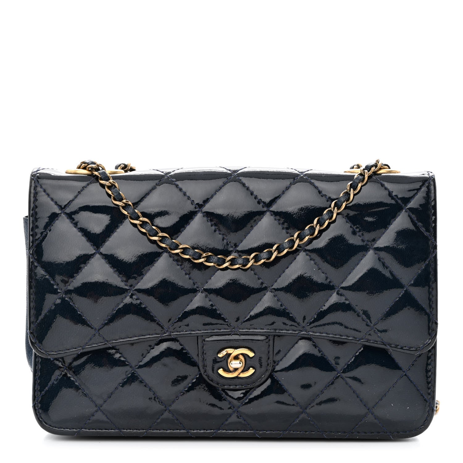 Chanel Patent Goatskin Quilted CC Eyelet Wallet On Chain WOC Blue 1 of 13