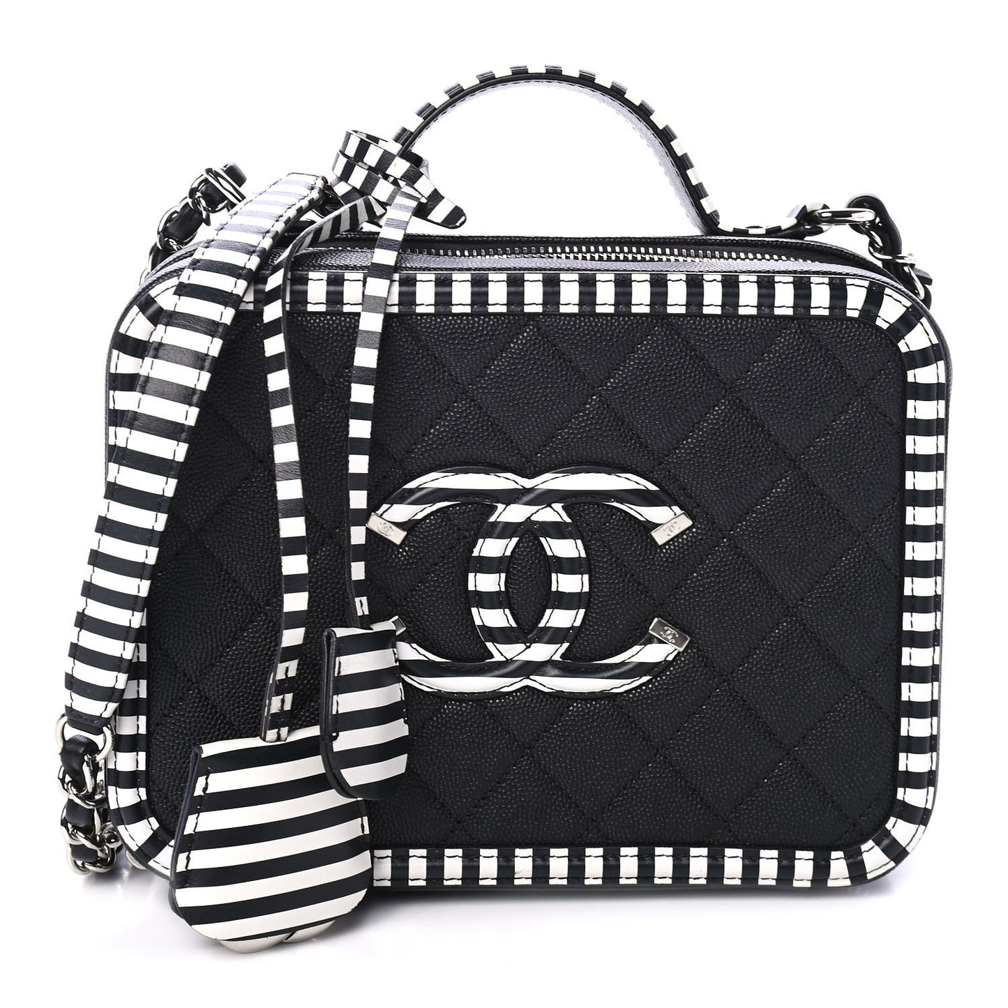 Caviar Quilted Striped Medium CC Filigree Vanity Case Black White