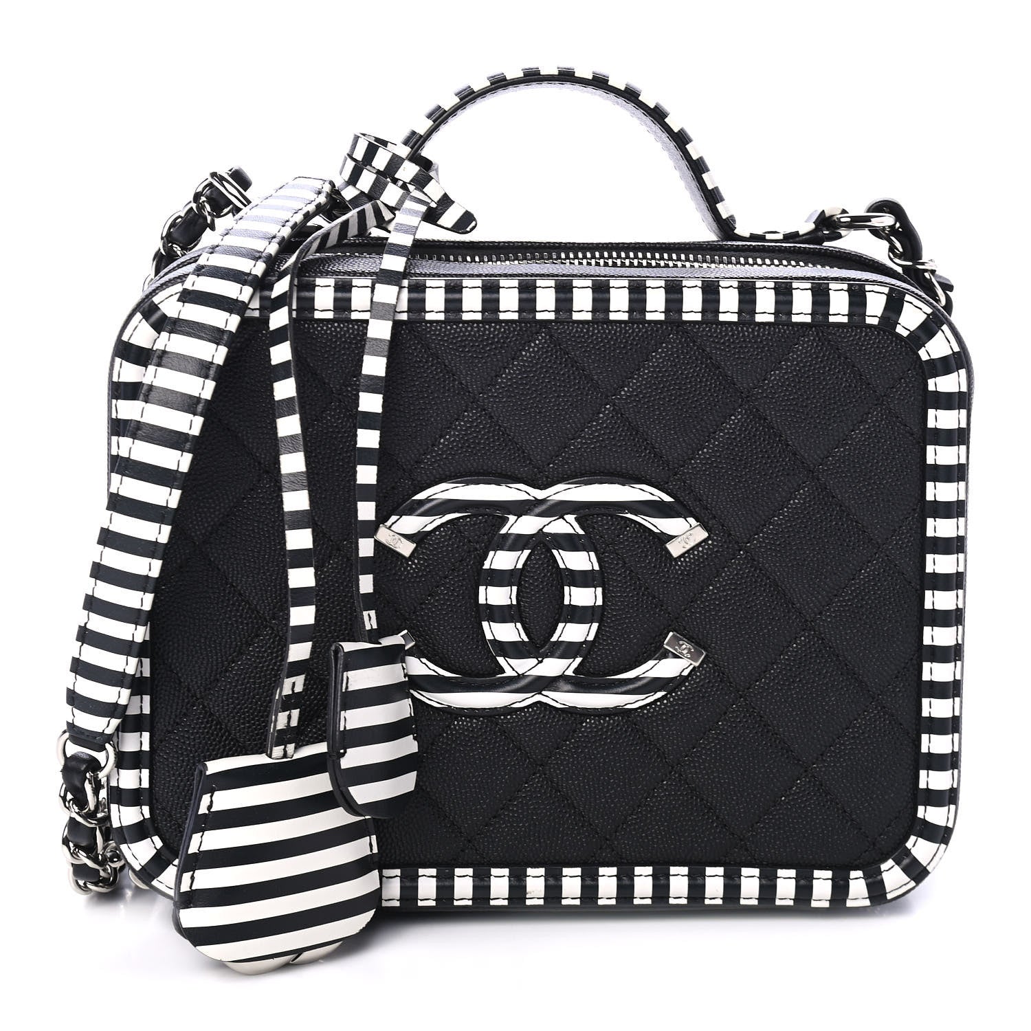 Chanel Caviar Quilted Striped Medium CC Filigree Vanity Case Black White 1 of 4