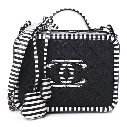Chanel Caviar Quilted Striped Medium CC Filigree Vanity Case Black White 1 of 4