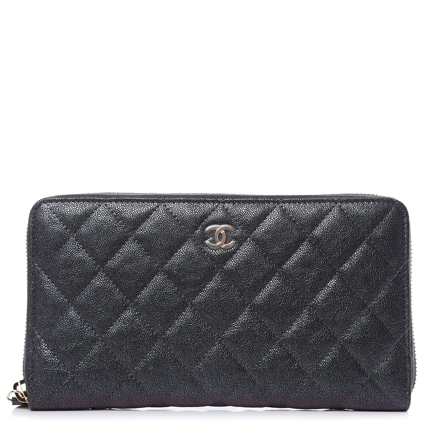 Iridescent Caviar Quilted Large Zip Around Organizer Wallet Black