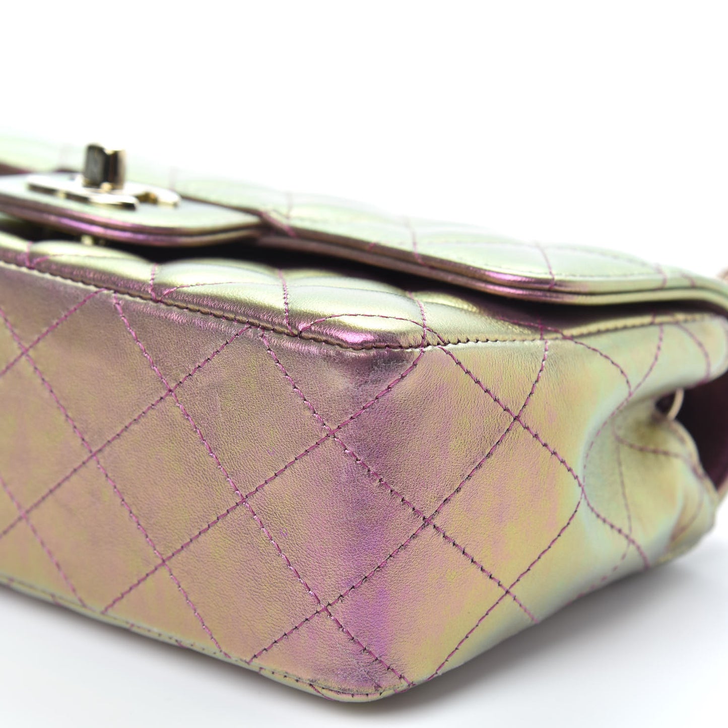 Iridescent Lambskin Quilted Mini Rectangular Flap Purple
