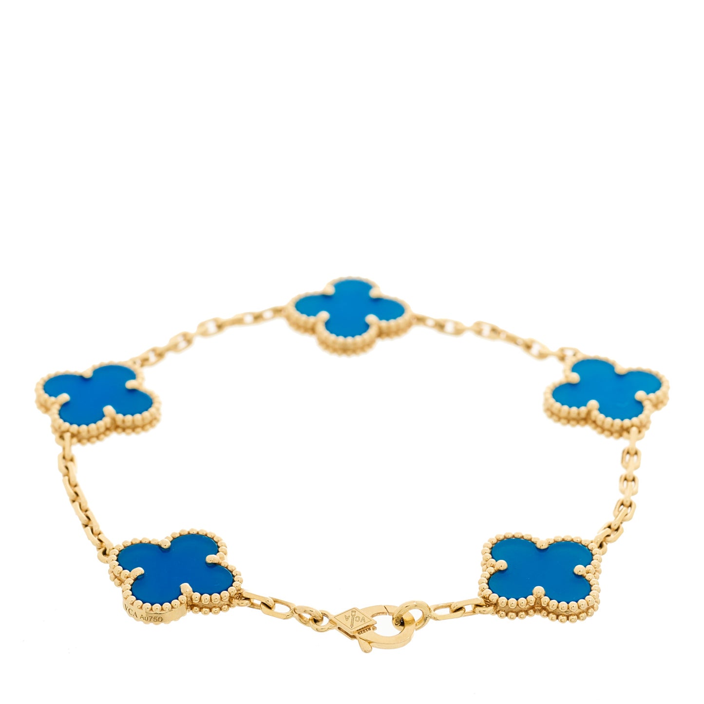 18K Yellow Gold Blue Agate 5 Motifs Vintage Alhambra Bracelet