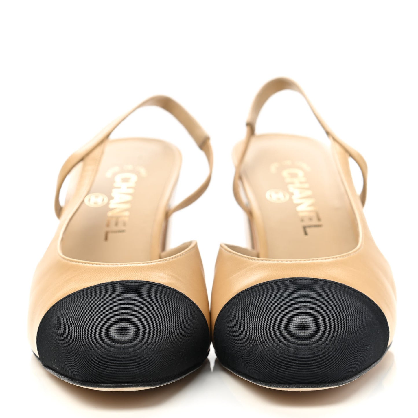 Goatskin Grosgrain Cap Toe CC Slingback Pumps 37.5 Beige Black