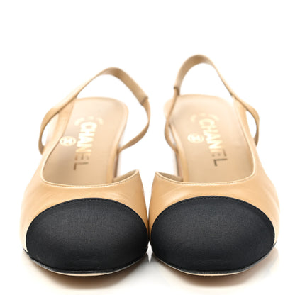 Chanel Goatskin Grosgrain Cap Toe CC Slingback Pumps 37.5 Beige Black 2 of 9