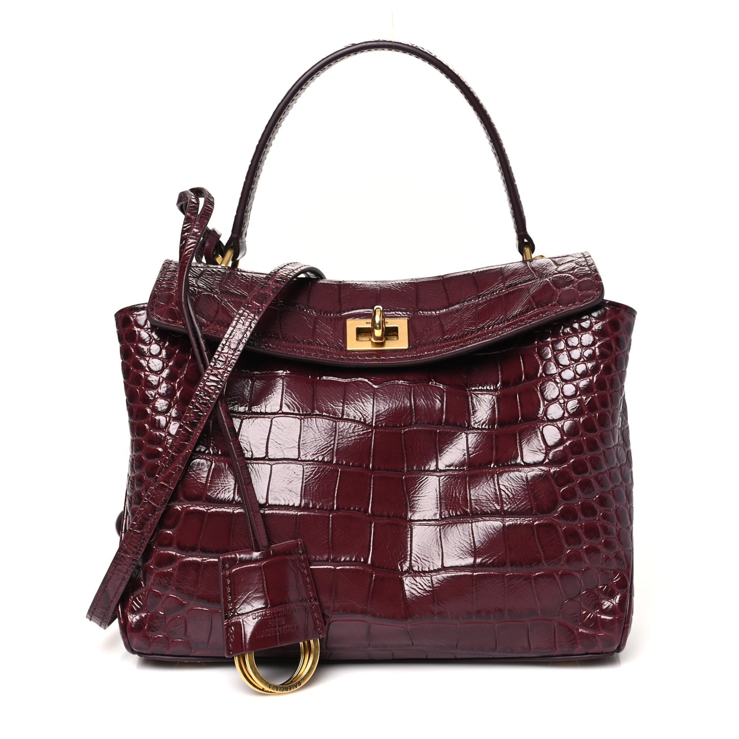 Shiny Calfskin Crocodile Embossed Mini Rodeo Top Handle Handbag Dark Burgundy
