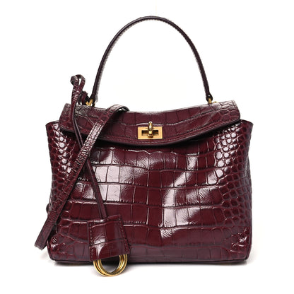 Balenciaga Shiny Calfskin Crocodile Embossed Mini Rodeo Top Handle Handbag Dark Burgundy 1 of 10