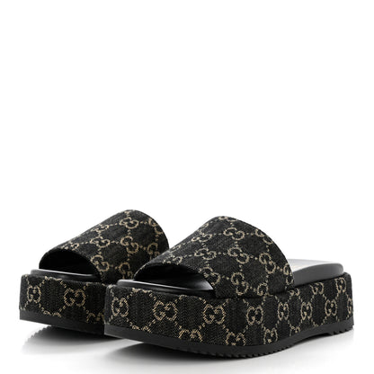 Gucci Jacquard Black Denim GG Monogram Angelina Platform 55mm Slide Sandals 36 Black Ivory 3 of 9
