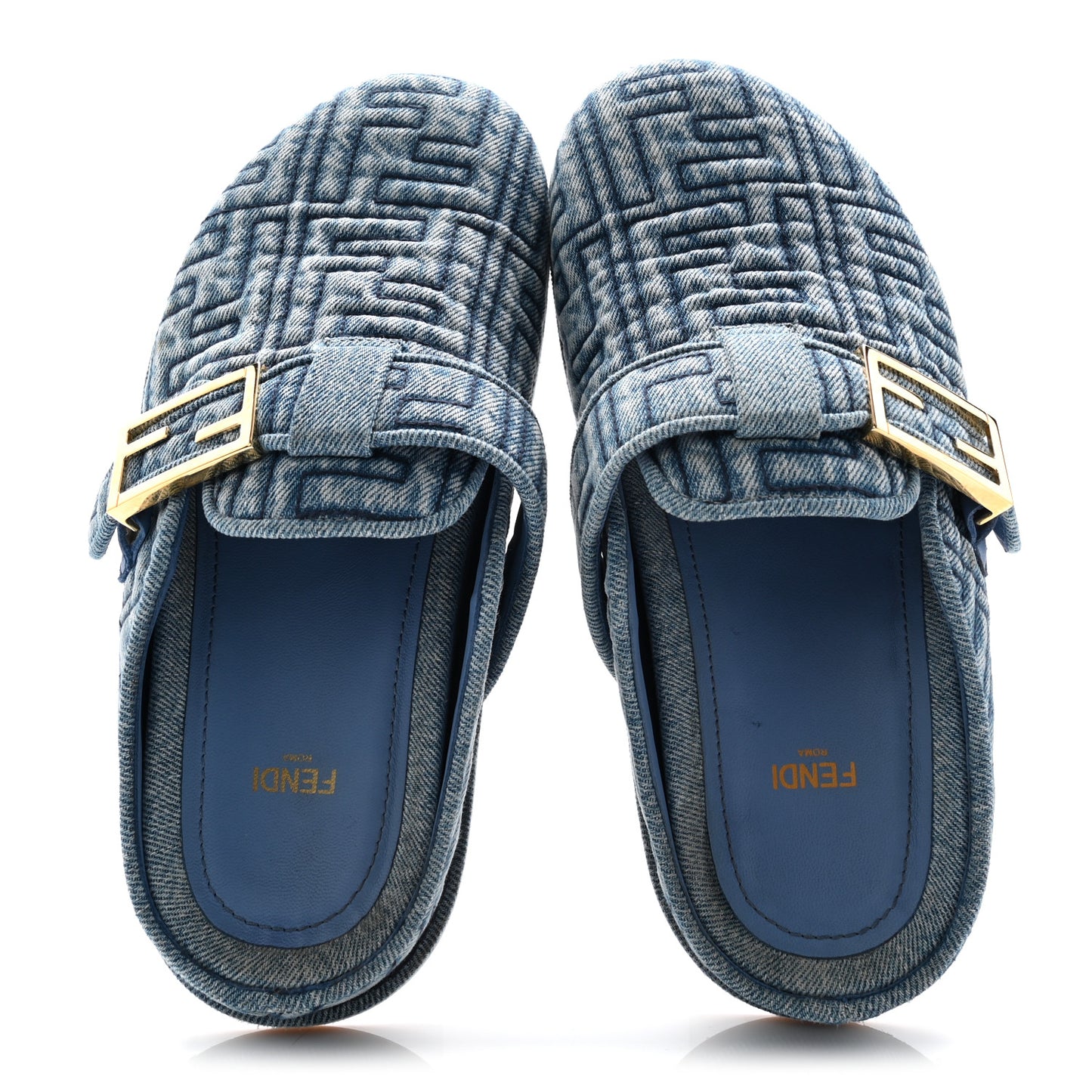 Denim Jacquard FF Womens Fendi Feel Buckled Mules 38 Blue