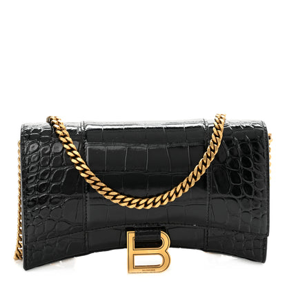 Balenciaga Shiny Calfskin Crocodile Embossed Hourglass Chain Bag Black 1 of 9