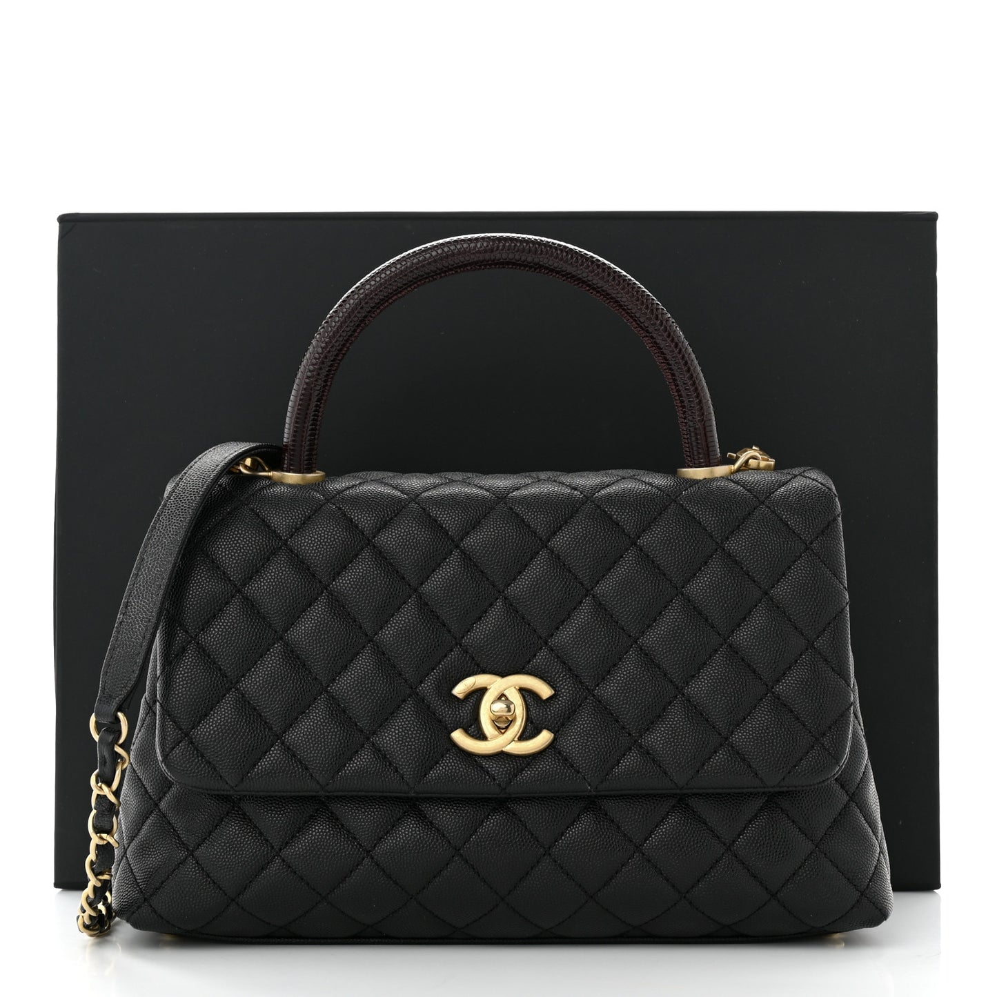Caviar Lizard Embossed Quilted Small Coco Handle Flap Black
