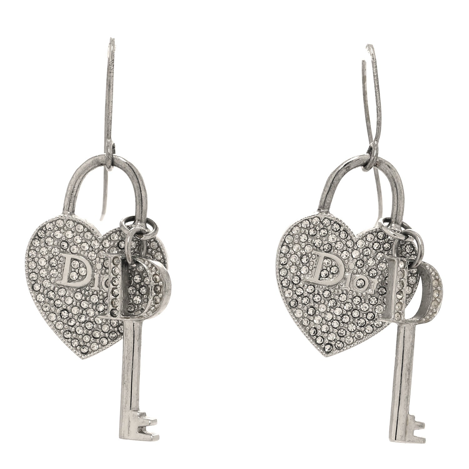 Christian Dior Crystal Trotter Romantique Heart Lock Earrings Silver 1 of 6