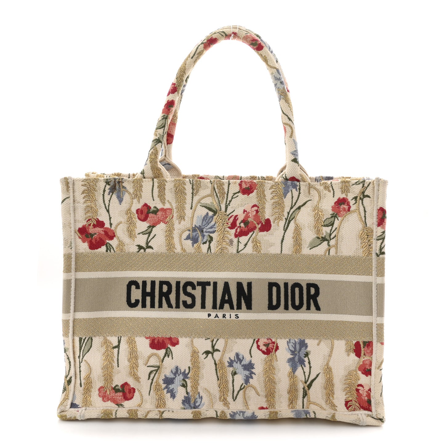 Canvas Embroidered Medium Hibiscus Book Tote Beige Multicolor