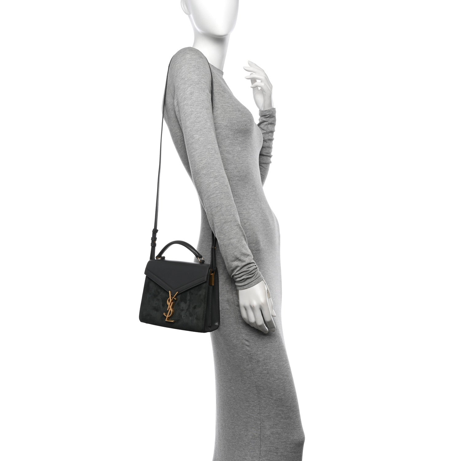 Saint Laurent Kid Suede Smooth Calfskin Mini Classic Monogram Cassandra Top Handle Dark Smog 2 of 17