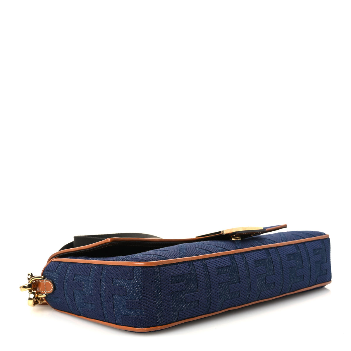 Fendi Denim Vitello King FF Embroidered Large Baguette Blue Cuoio 4 of 12