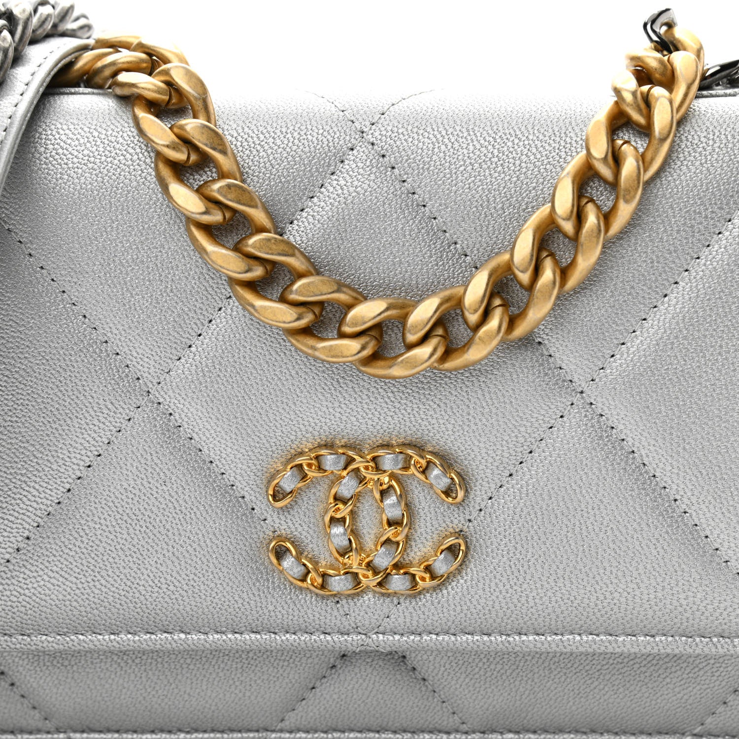 Chanel Metallic Lambskin Quilted Chanel 19 Wallet On Chain WOC Silver 9 of 13