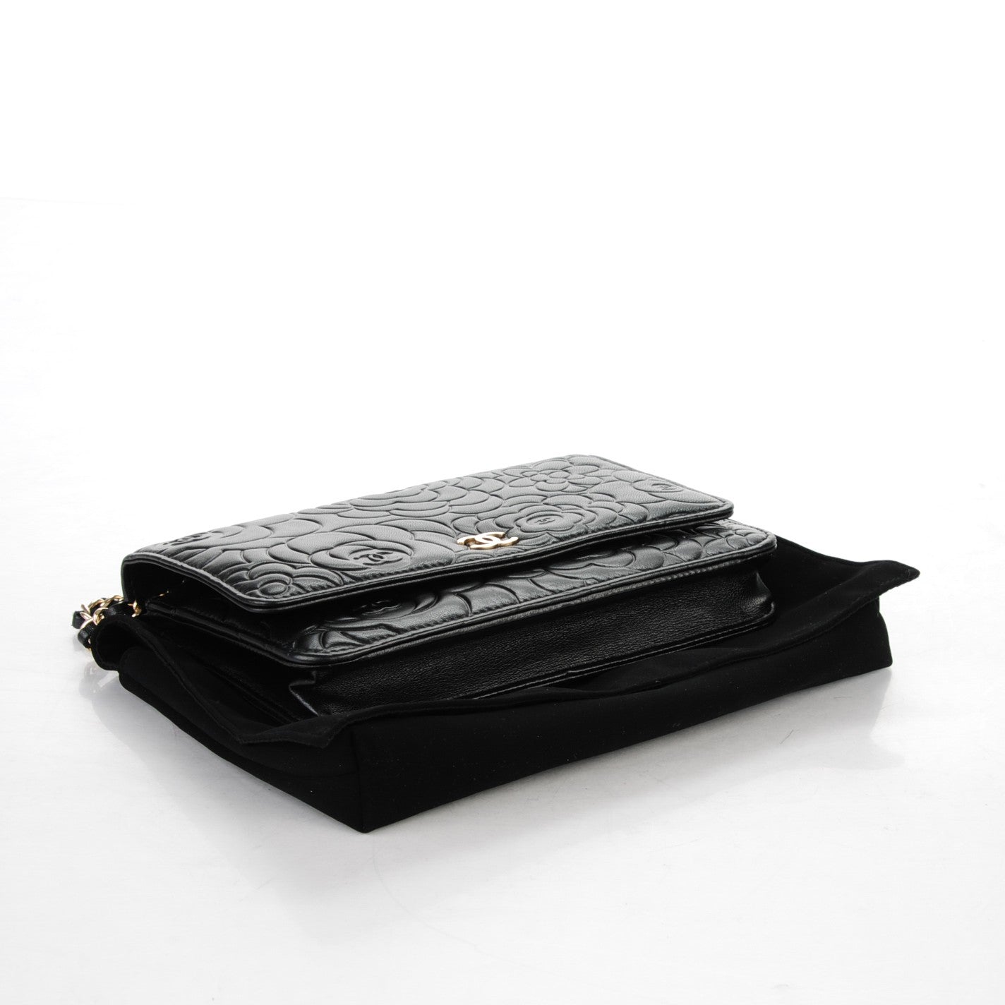 Lambskin Camellia Embossed Wallet on Chain WOC Black