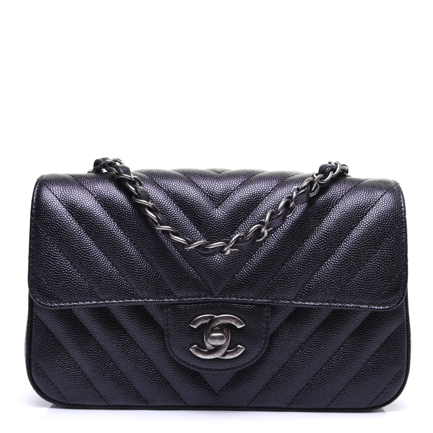 Metallic Caviar Chevron Quilted Mini Rectangular Flap Black