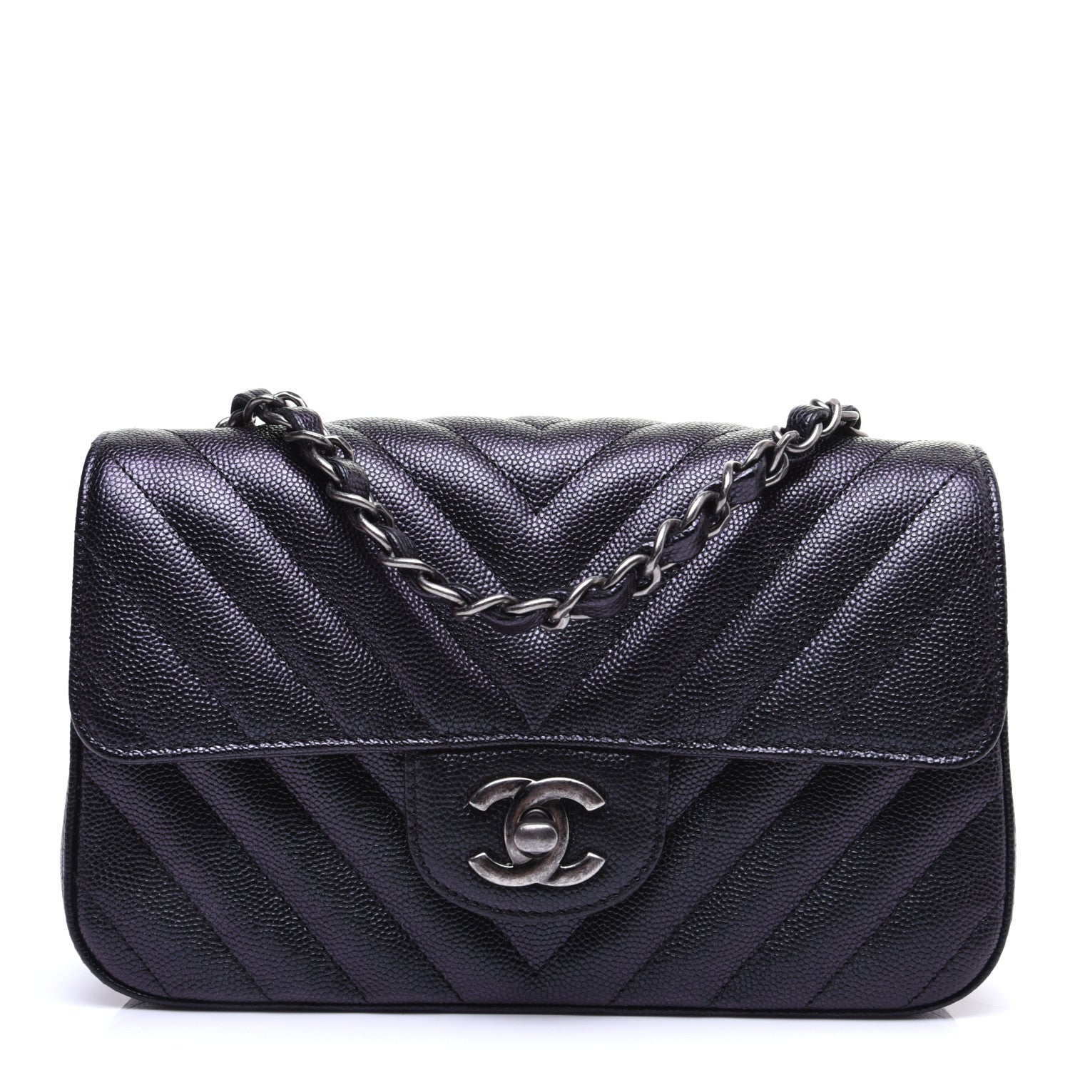Chanel Metallic Caviar Chevron Quilted Mini Rectangular Flap Black 1 of 13