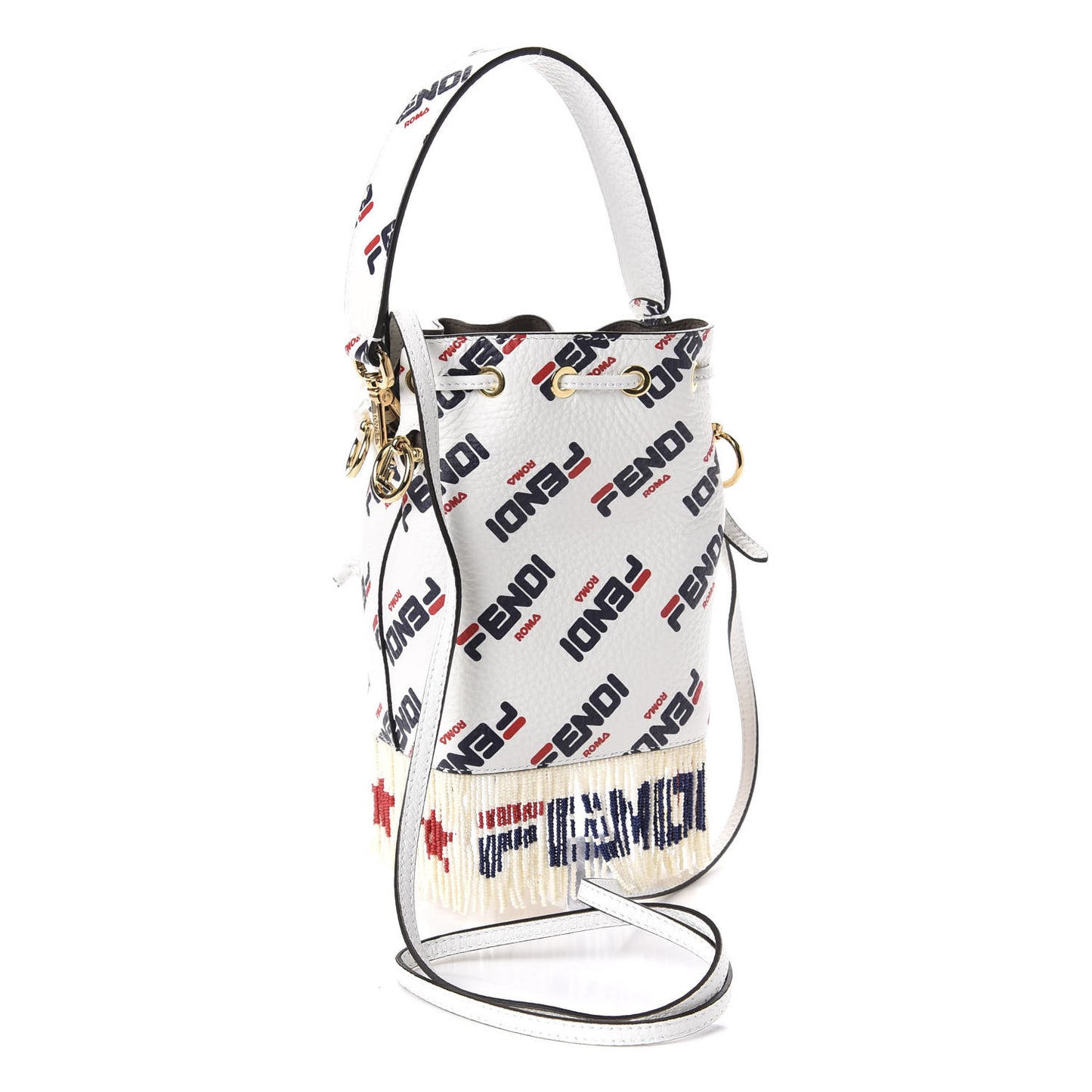 X FILA Calfskin F is Fendi Mania Fringe Mini Mon Tresor Bucket Bag White