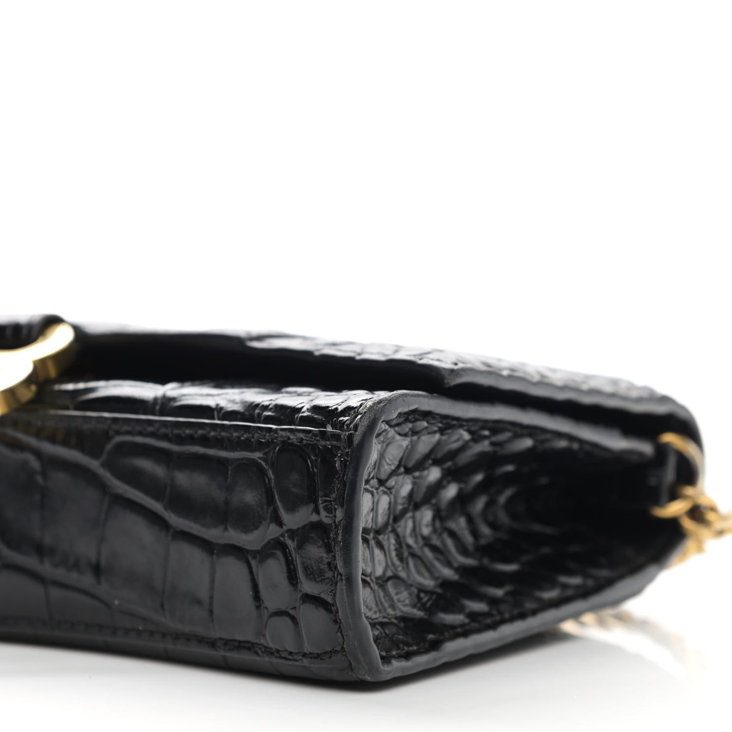 Shiny Calfskin Crocodile Embossed Hourglass Chain Bag Black
