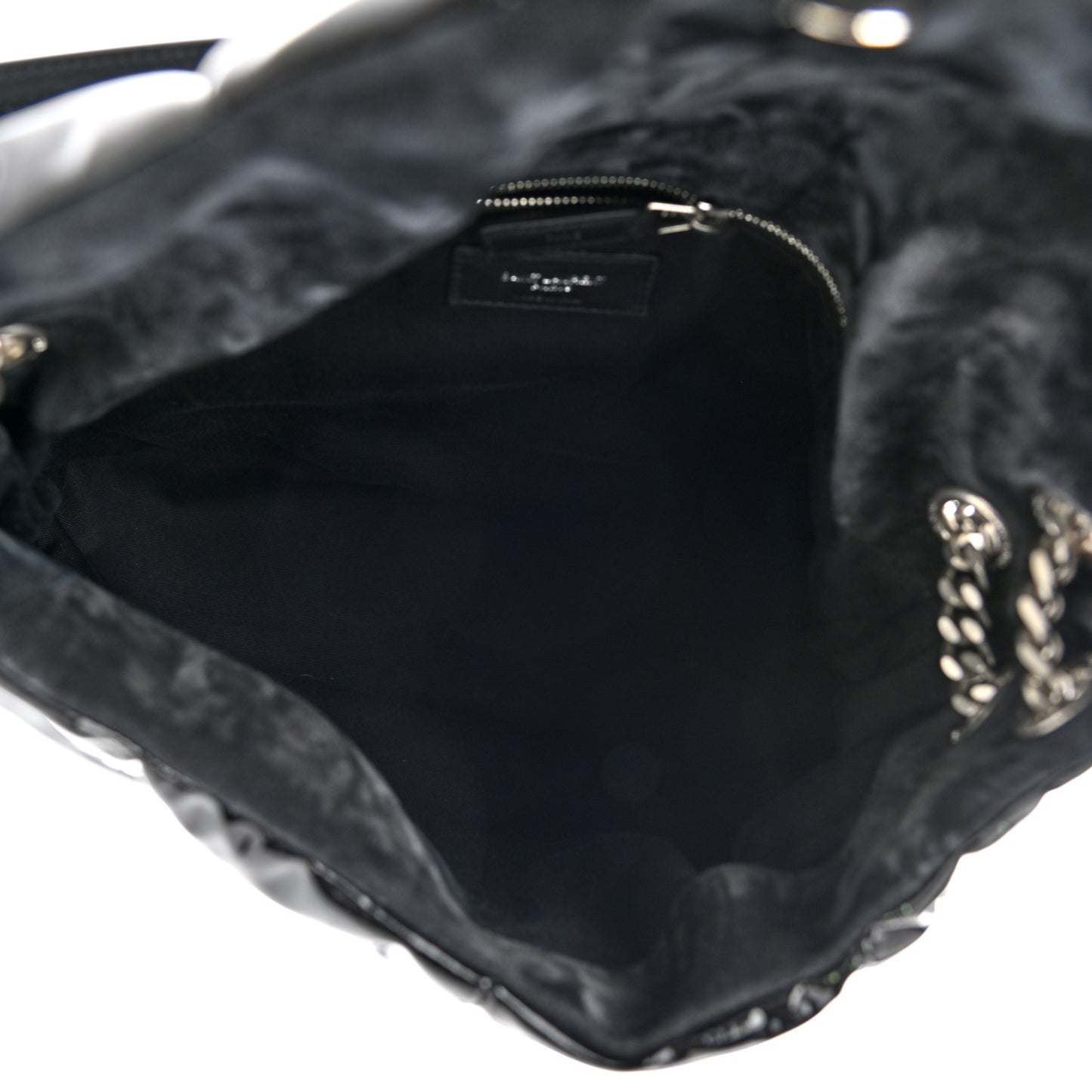 Patent Lambskin Quilted Medium Loulou Puffer Monogram Chain Satchel Black