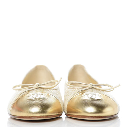 Chanel Tweed Metallic Lambskin CC Cap Toe Ballerina Flats 36 Beige Gold 2 of 10