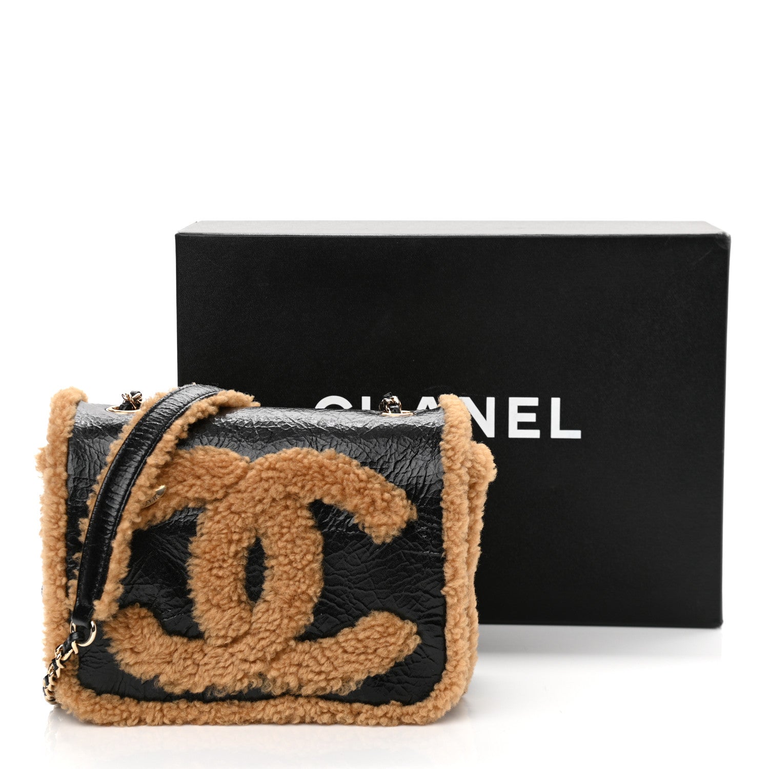 Chanel Shiny Crumpled Sheepskin Shearling CC Mania Flap Bag Black Beige 11 of 11