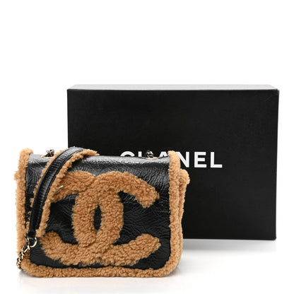 Chanel Shiny Crumpled Sheepskin Shearling CC Mania Flap Bag Black Beige 11 of 11