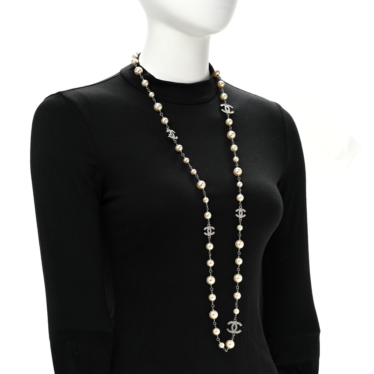 Graduated Pearl Crystal CC Long Necklace Silver