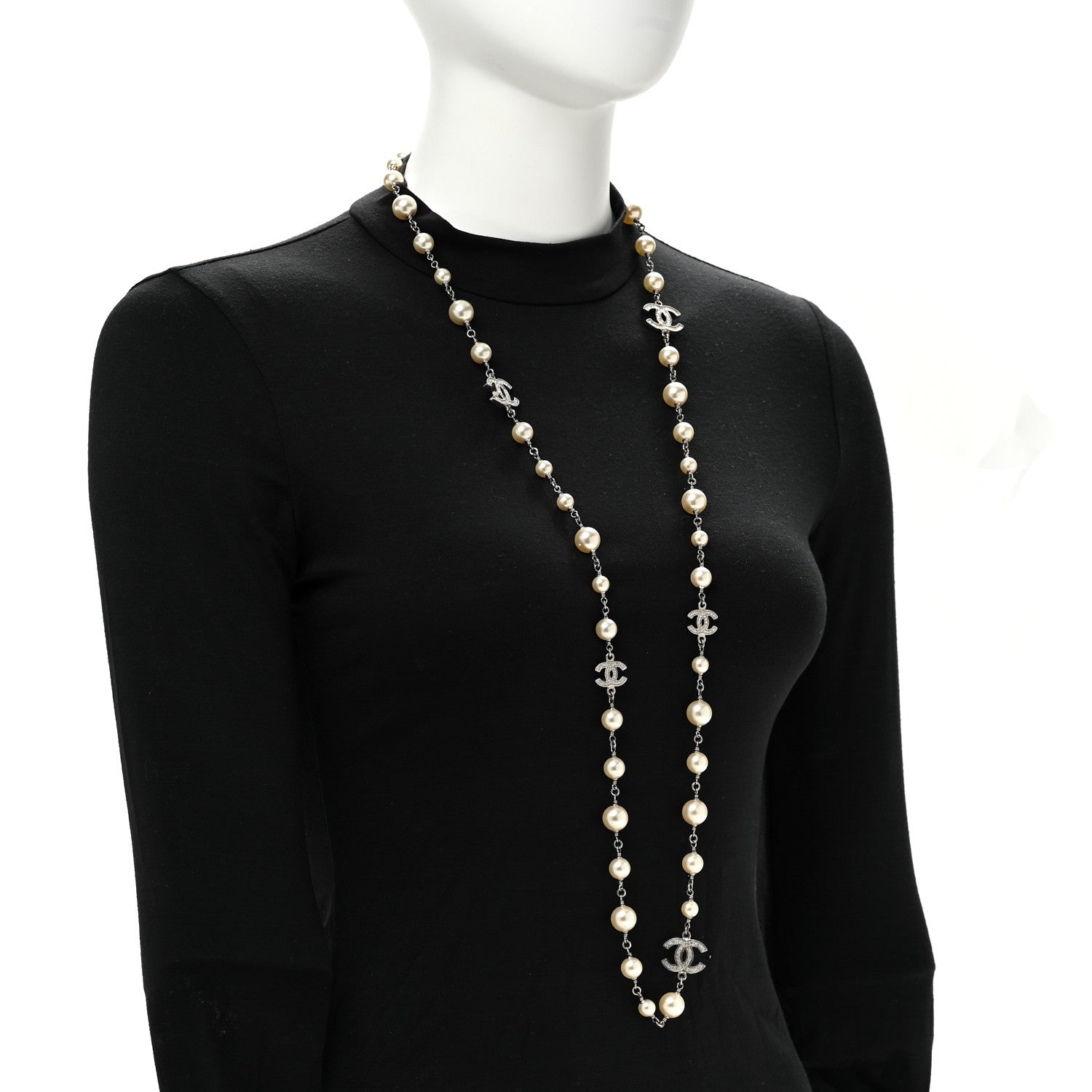 Chanel Graduated Pearl Crystal CC Long Necklace Silver 2 of 5