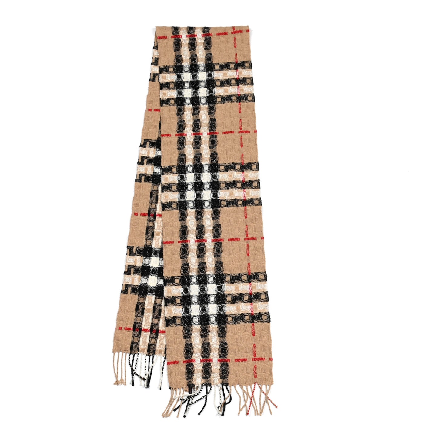 Merino Wool Cashmere Exploded Check Fringe Scarf Camel