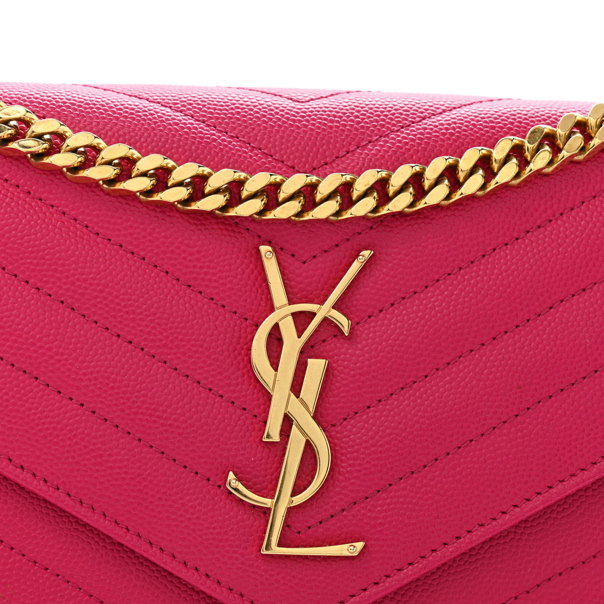 Saint Laurent Grain De Poudre Matelasse Chevron Monogram Chain Wallet Bubblegum 13 of 14